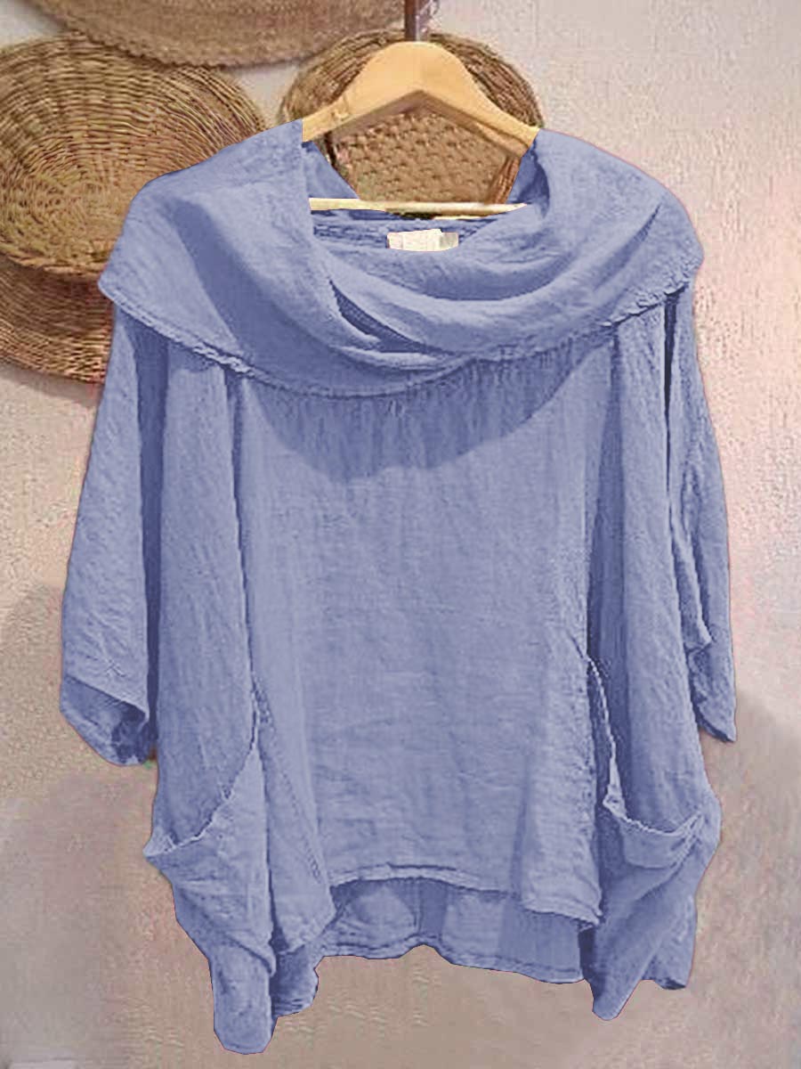 Women's Solid Color Draped Neck 3/4 Sleeve Comfortable Casual Linen Pocket Top | Last day 80% off!