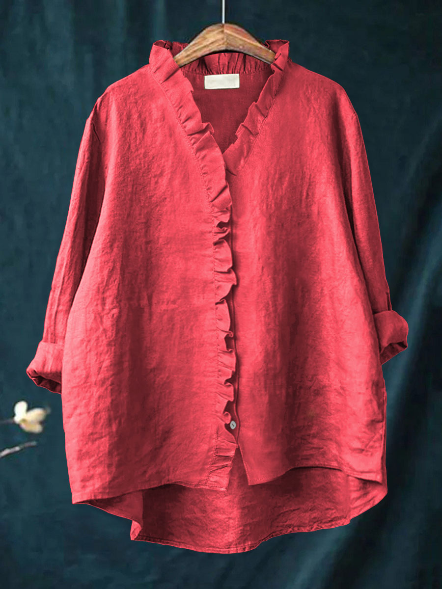Women's Casual Cotton And Linen Ruffle Shirt | Last day 80% off!
