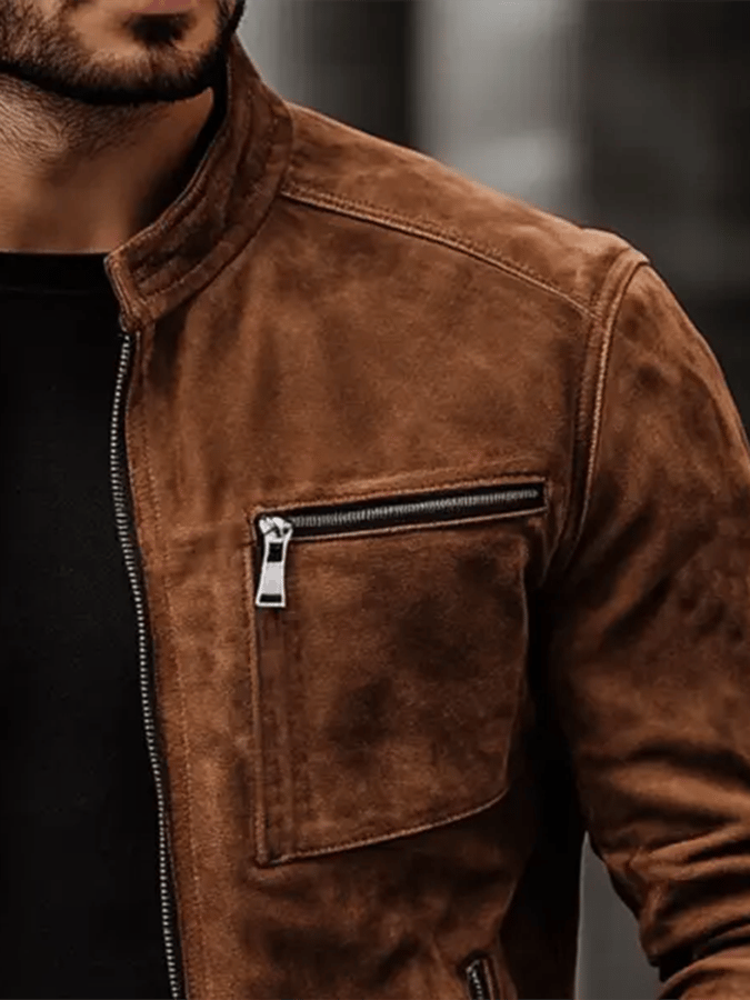 Men's Vintage Suede Zip Pocket Stand Collar Outdoor Jacket Last day 80% off!
