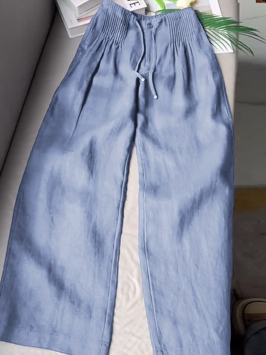 Women's Solid Color Pleated Drawstring Casual Cotton and Linen Wide Leg Pants | Last day 80% off!