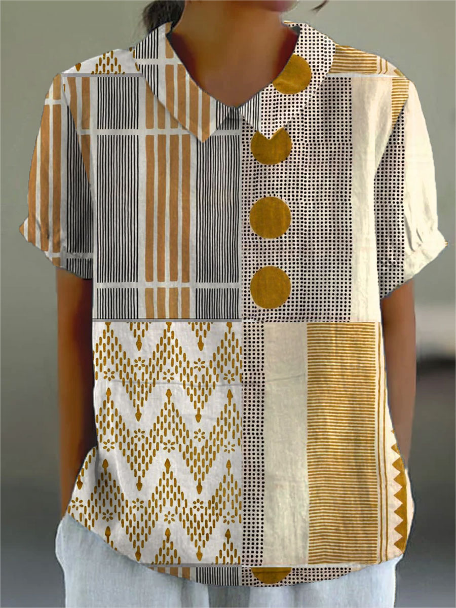 Women's Vintage Abstract Geometry Art Print Casual Cotton And Linen 3/4 Sleeve Shirt | Last day 80% off!