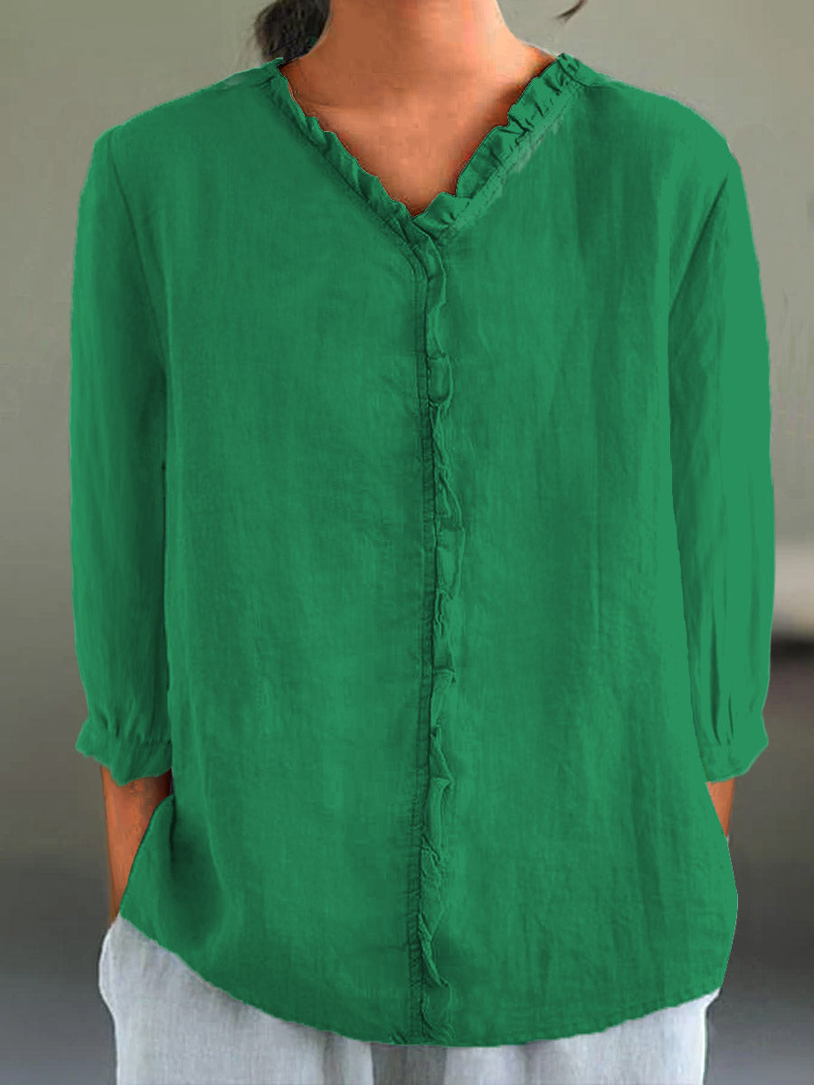 Women's Casual Cotton And Linen Ruffle Collar 3/4 Sleeve Shirt | Last day 80% off!