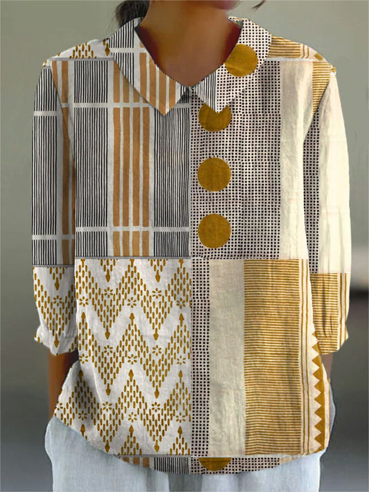 Women's Vintage Abstract Geometry Art Print Casual Cotton And Linen 3/4 Sleeve Shirt | Last day 80% off!