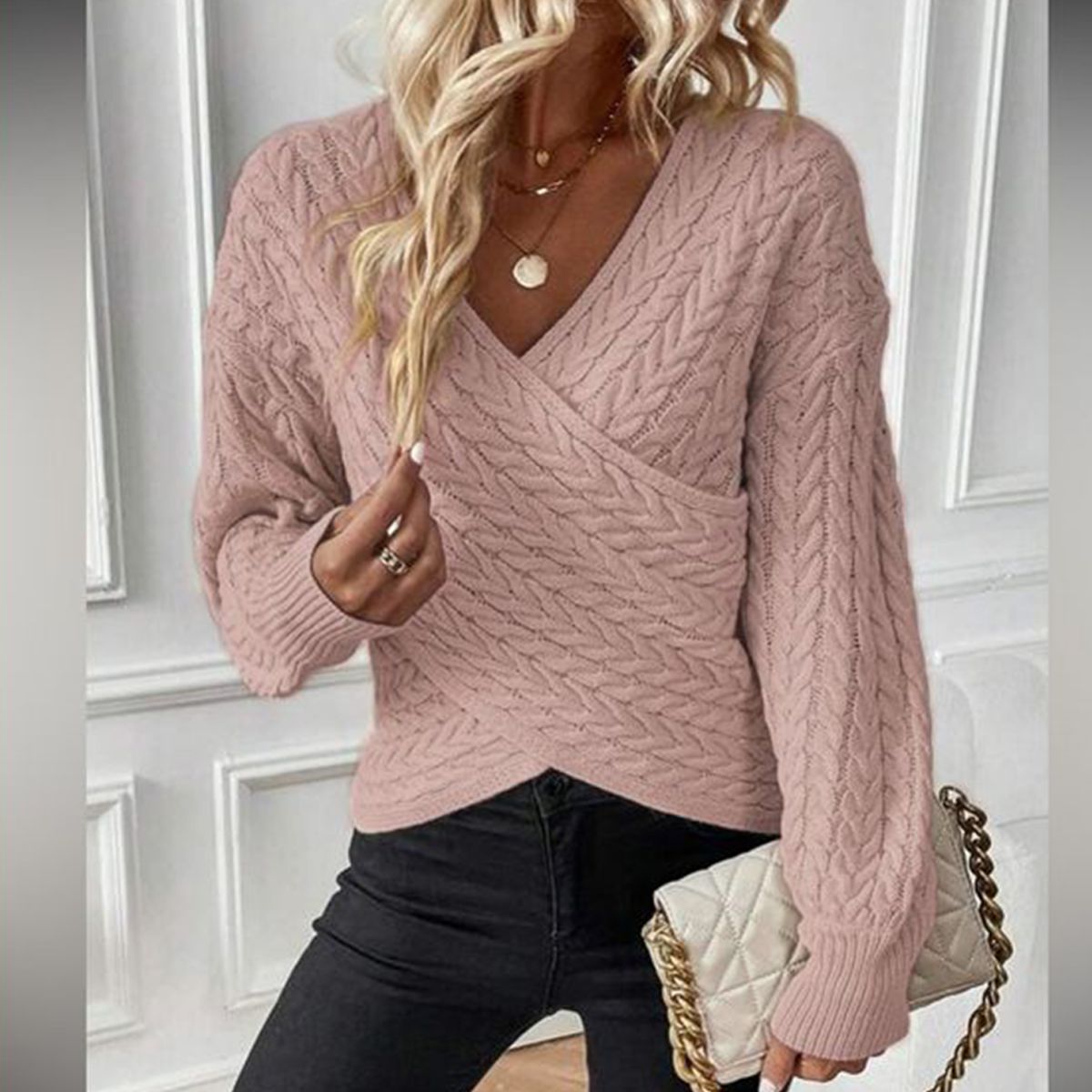 Sweet Pink Plain V-Neck Long Sleeve Sweater | Last day 80% off!