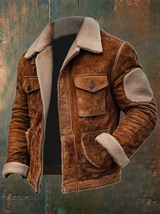 Men's Vintage Suede Patchwork Lamb Fleece Multi-Pocket Reverse Collar Outdoor Jacket Last day 80% off!