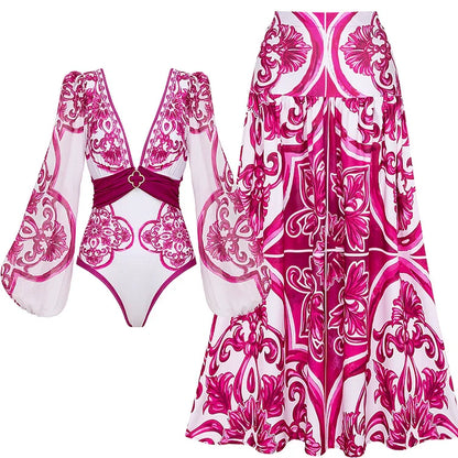 V-Neck One-Piece Swimsuit with Lace-Up and Print Including Skirt