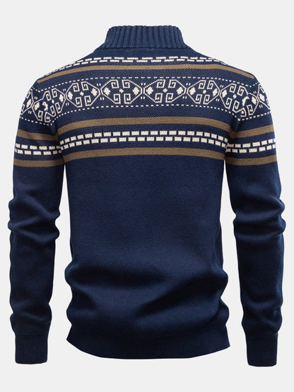 Geometric Jacquard Zip Stand Collar Sweater | Last day 80% off!