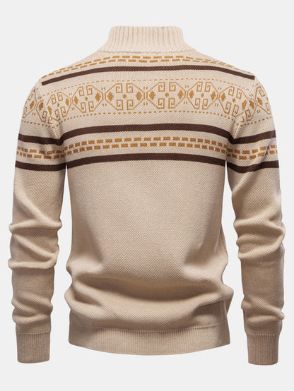 Geometric Jacquard Zip Stand Collar Sweater | Last day 80% off!