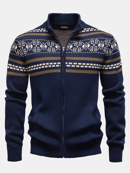 Geometric Jacquard Zip Stand Collar Sweater | Last day 80% off!