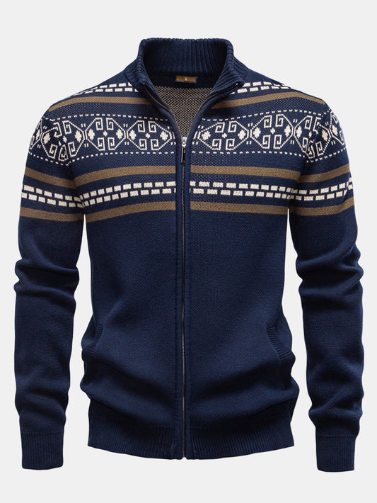 Geometric Jacquard Zip Stand Collar Sweater | Last day 80% off!