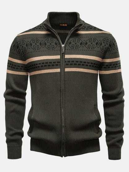Geometric Jacquard Zip Stand Collar Sweater | Last day 80% off!