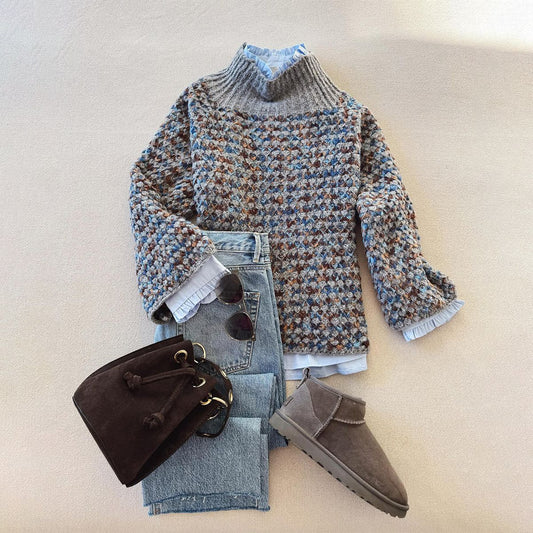 Blue Long Sleeve Color Block Sweater | Last day 80% off!