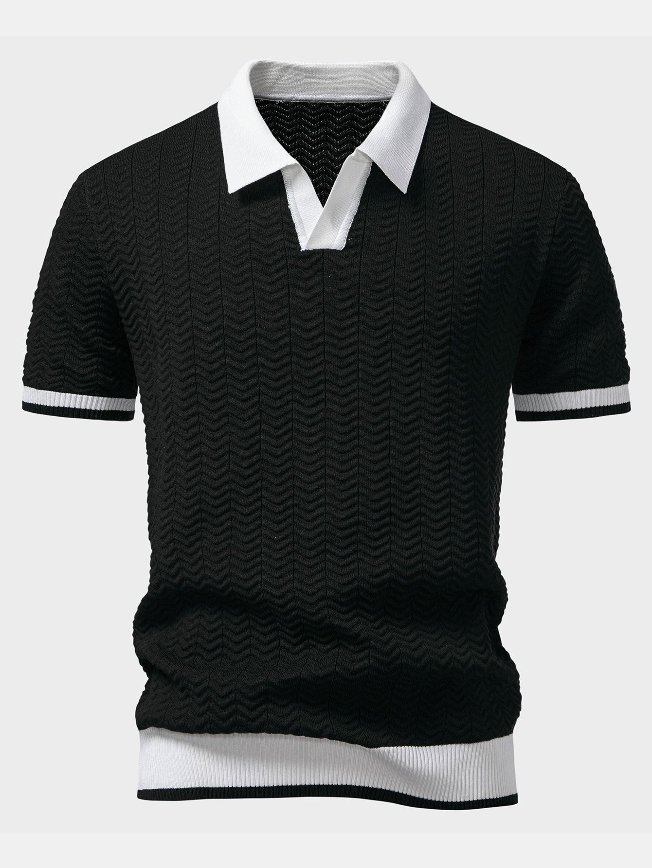 Texture Contrast Knitted V-Neck Polo Shirt & Slim Fit Tapered Trousers | Last day 80% off!