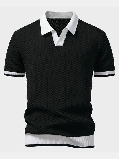 Texture Contrast Knitted V-Neck Polo Shirt & Slim Fit Tapered Trousers | Last day 80% off!