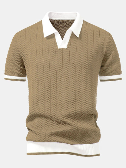 Texture Contrast Knitted V-Neck Polo Shirt & Slim Fit Tapered Trousers | Last day 80% off!