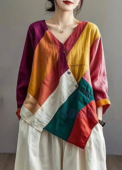 Colorblock Patchwork Linen Loose Blouses Asymmetrical Summer | Last day 80% off!