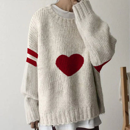 Elegant Red Heart Print Round Neck Sweater | Last day 80% off!