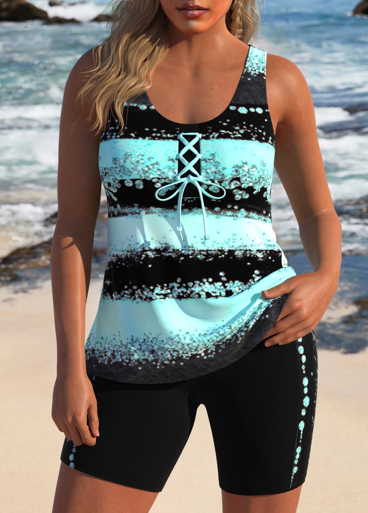 Emma I Trendy Striped Tankini with Lacing I Last Day 80% Off!