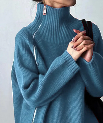 Chic Blue Plain High Neck Long Sleeve Sweater | Last day 80% off!