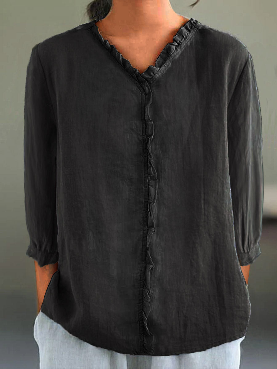 Women's Casual Cotton And Linen Ruffle Collar 3/4 Sleeve Shirt | Last day 80% off!