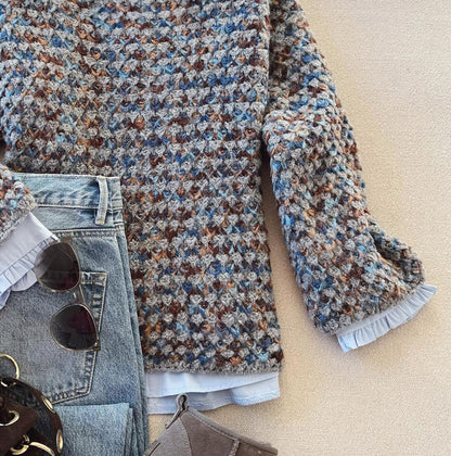 Blue Long Sleeve Color Block Sweater | Last day 80% off!