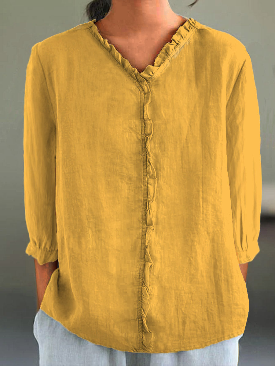 Women's Casual Cotton And Linen Ruffle Collar 3/4 Sleeve Shirt | Last day 80% off!