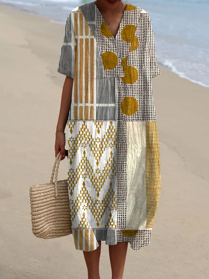 Women's Vintage Abstract Geometry Art Print Casual Cotton And Linen 3/4 Sleeve Shirt | Last day 80% off!