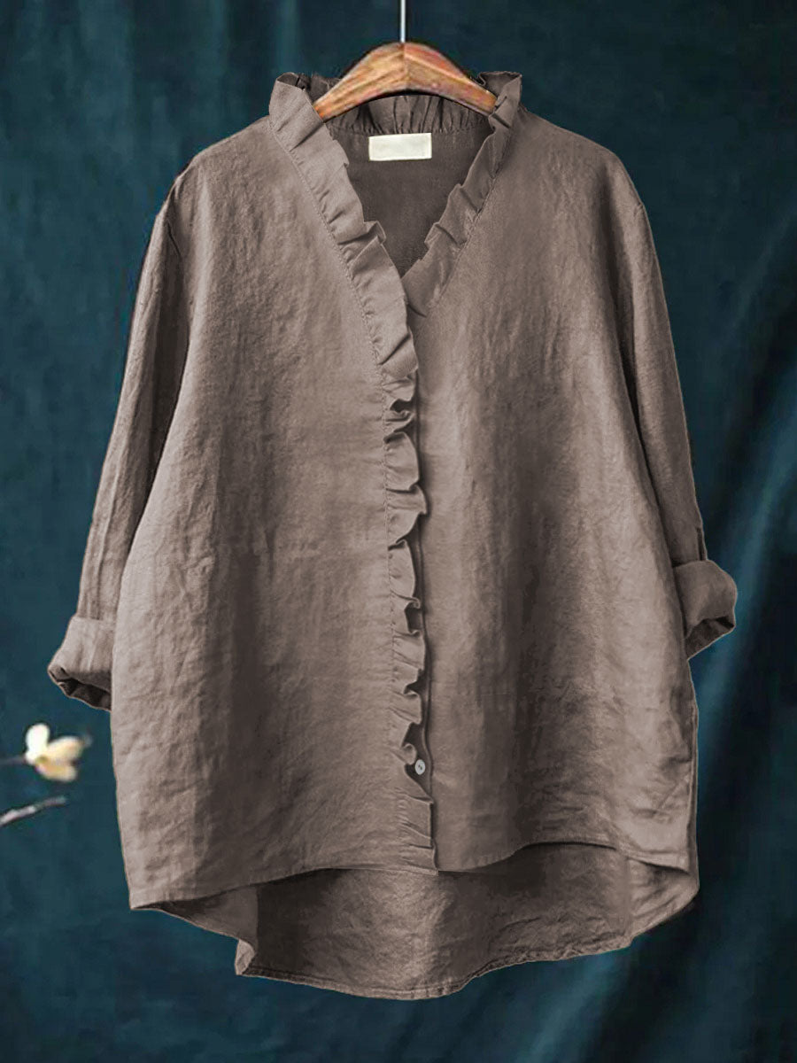 Women's Casual Cotton And Linen Ruffle Shirt | Last day 80% off!