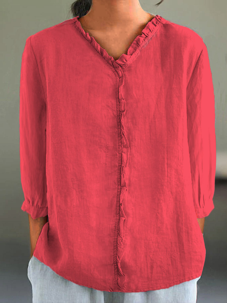 Women's Casual Cotton And Linen Ruffle Collar 3/4 Sleeve Shirt | Last day 80% off!