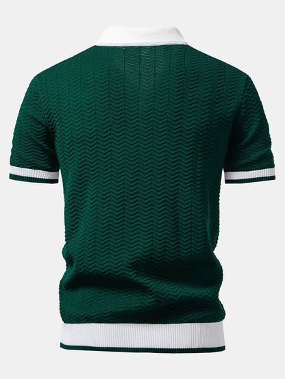 Texture Contrast Knitted V-Neck Polo Shirt & Slim Fit Tapered Trousers | Last day 80% off!