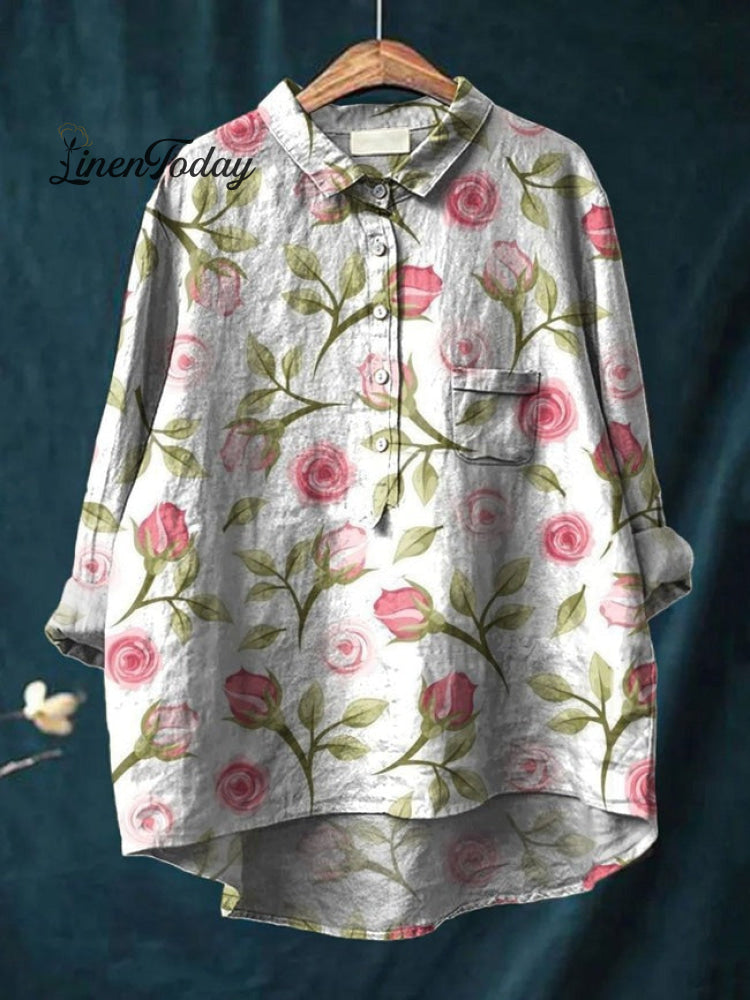 Women's Rose Flower Print Casual Cotton And Linen Shirt | Last day 80% off!