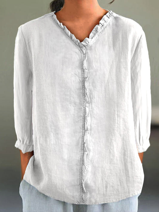 Women's Casual Cotton And Linen Ruffle Collar 3/4 Sleeve Shirt | Last day 80% off!