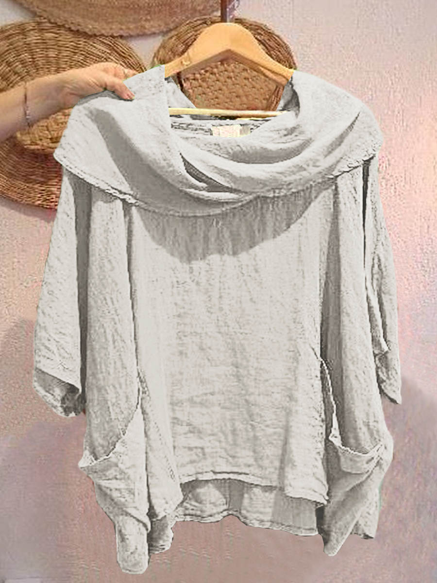 Women's Solid Color Draped Neck 3/4 Sleeve Comfortable Casual Linen Pocket Top | Last day 80% off!