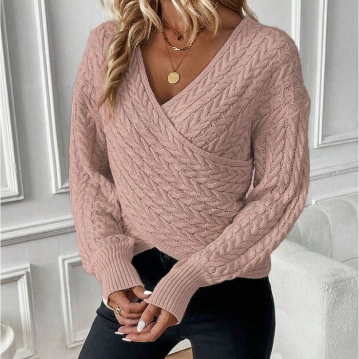 Sweet Pink Plain V-Neck Long Sleeve Sweater | Last day 80% off!