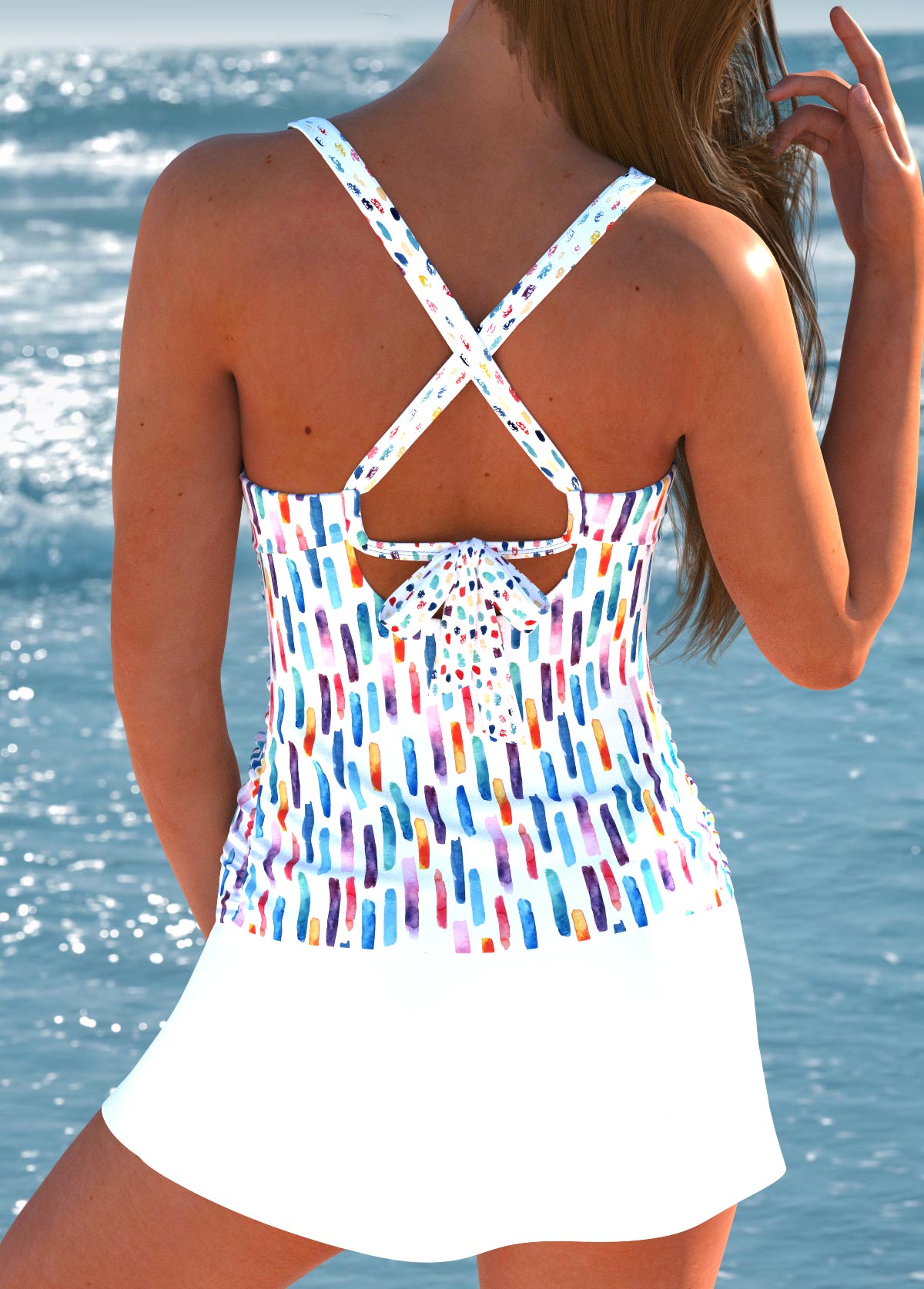 Trendy Criss Cross White Tankini Set with Print | Last Day 80% Discount!