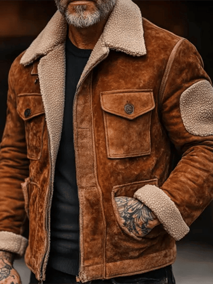 Men's Vintage Suede Patchwork Lamb Fleece Multi-Pocket Reverse Collar Outdoor Jacket Last day 80% off!