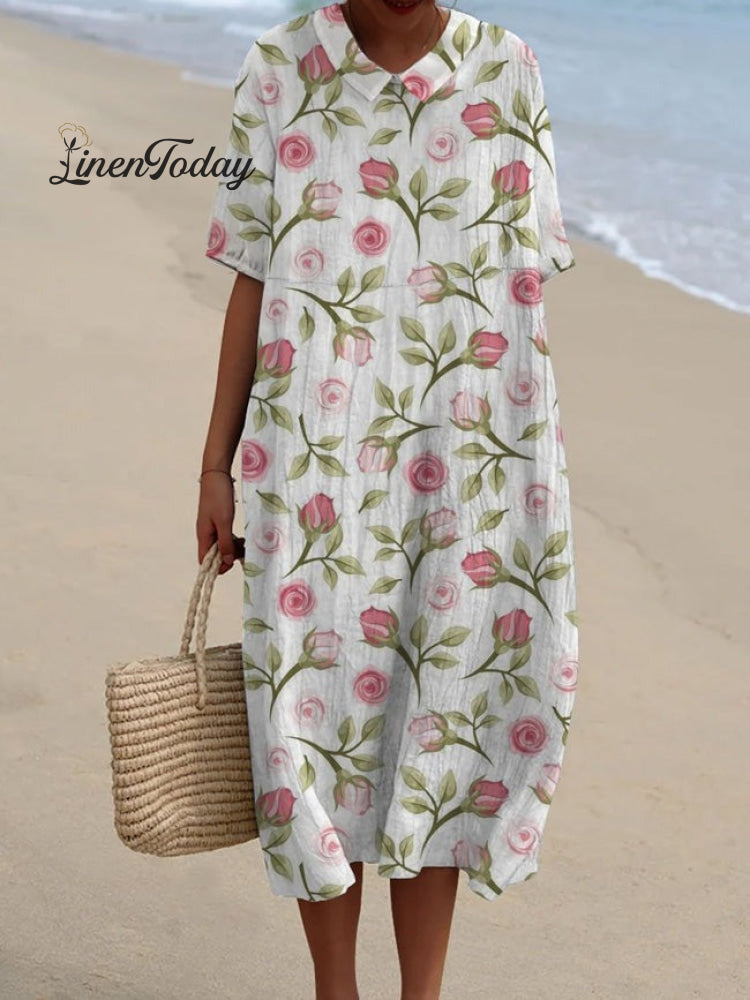 Women's Rose Flower Print Casual Cotton And Linen Shirt | Last day 80% off!