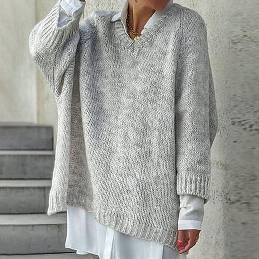 Baggy Grey Plain V-Neck Sweater | Last day 80% off!