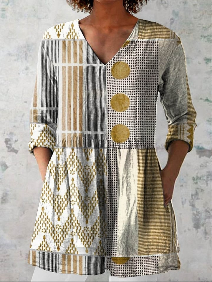 Women's Vintage Abstract Geometry Art Print Casual Cotton And Linen 3/4 Sleeve Shirt | Last day 80% off!