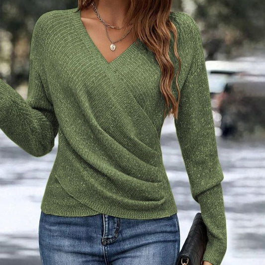 Green Plain V-Neck Long Sleeve Sweater | Last day 80% off!