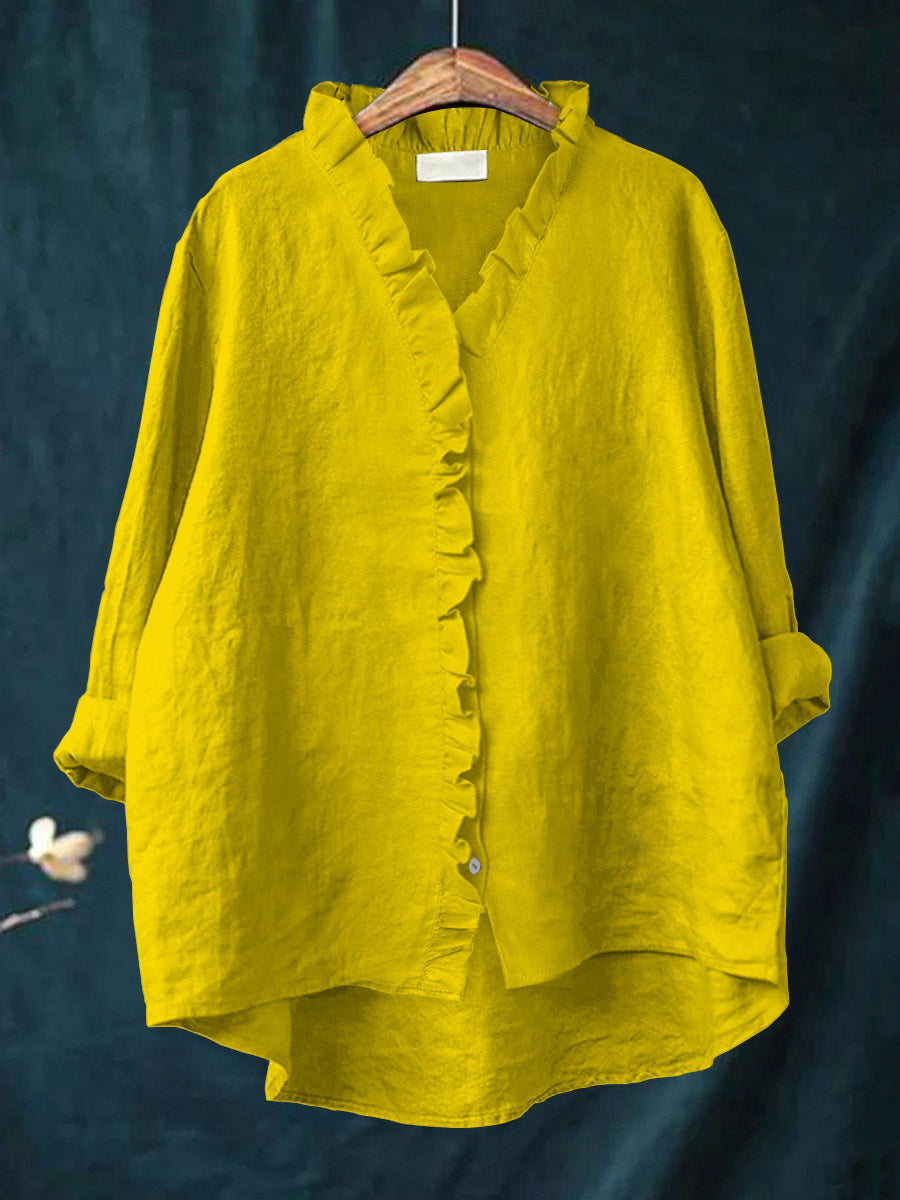Women's Casual Cotton And Linen Ruffle Shirt | Last day 80% off!