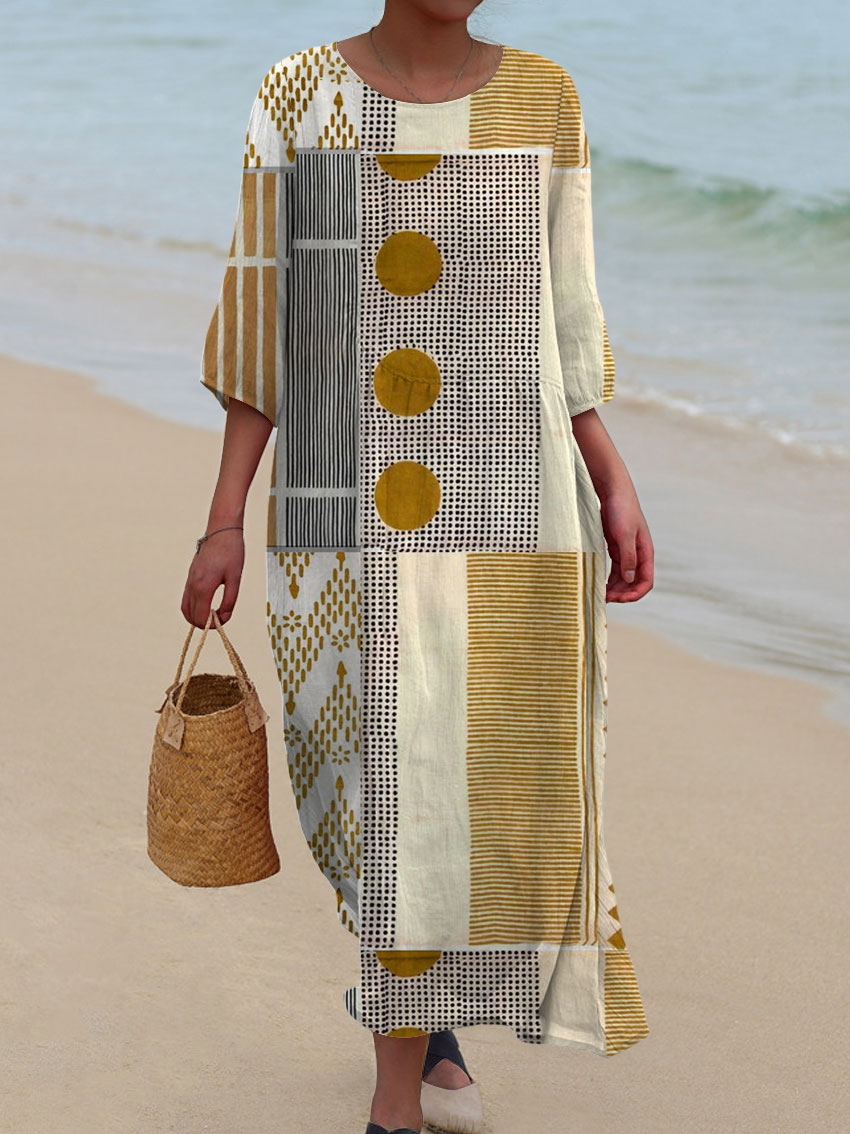 Women's Vintage Abstract Geometry Art Print Casual Cotton And Linen 3/4 Sleeve Shirt | Last day 80% off!