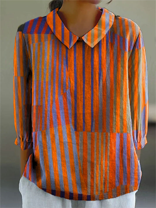 Women's Vintage Colorblock Striped Art Print Casual Cotton And Linen 3/4 Sleeve Shirt | Last day 80% off!
