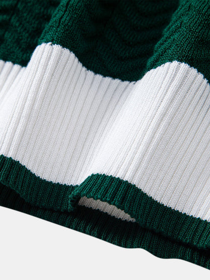 Texture Contrast Knitted V-Neck Polo Shirt & Slim Fit Tapered Trousers | Last day 80% off!