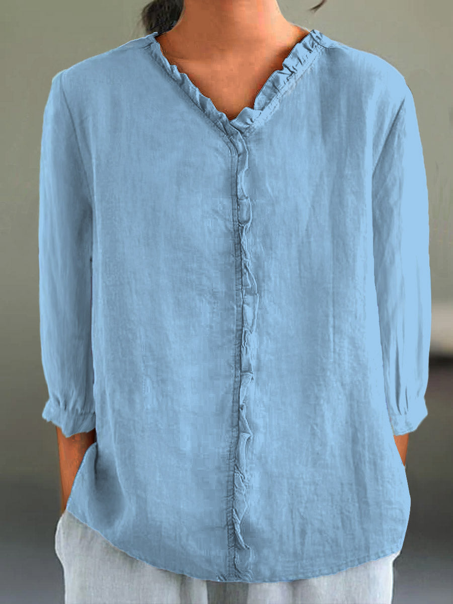 Women's Casual Cotton And Linen Ruffle Collar 3/4 Sleeve Shirt | Last day 80% off!