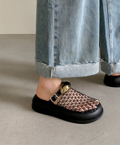 Chic Black Hollow Out Breathable Mesh Platform Slide Sandals | Last day 80% off!