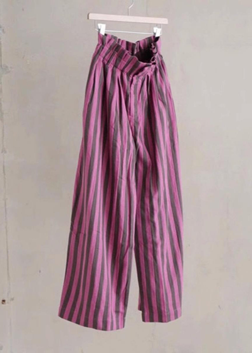 Chic Purple Striped Elastic Waist Cotton Wide Leg Pants Summer | Last day 80% off!