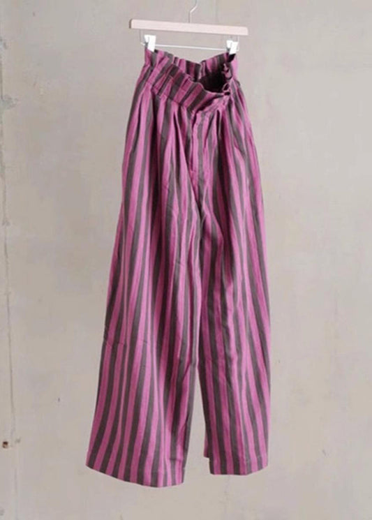Chic Purple Striped Elastic Waist Cotton Wide Leg Pants Summer | Last day 80% off!