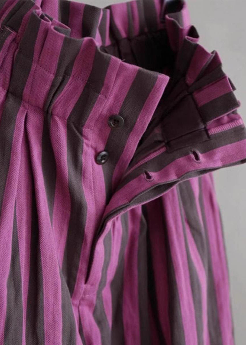 Chic Purple Striped Elastic Waist Cotton Wide Leg Pants Summer | Last day 80% off!
