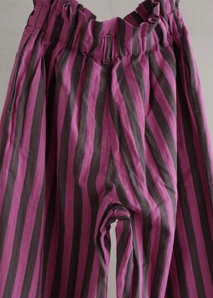 Chic Purple Striped Elastic Waist Cotton Wide Leg Pants Summer | Last day 80% off!